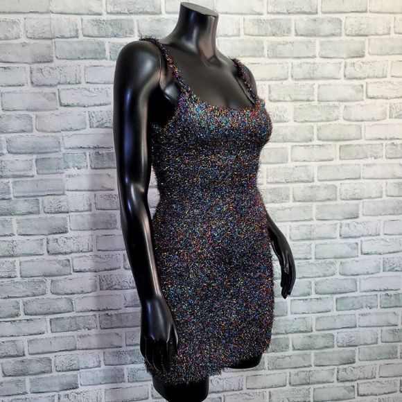 Rehab Brand Womens S Colorful Tinsel Fuzzy Bodycon Mini Cocktail Dress - Picture 5 of 10
